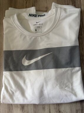 Nike White Long-Sleeve Dri-FIT Tee with Black Mesh Stripe and Swoosh